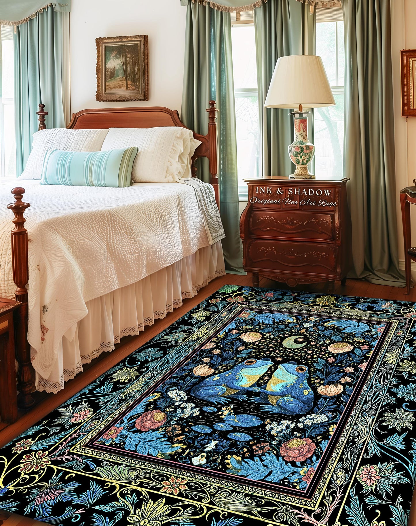 Blue Moon Frog Lovers Bedroom Accent | Whimsigoth Area Rug Enchanted Garden Decor Goblincore Whimsy Fairycore Style Mystical Cottagecore |