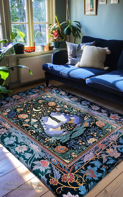 Dark Botanical Whimsy Area Rug | Celestial Garden Frog Lovers Home Accent Rug Enchanted Bedroom Mystic Aesthetic Cottagecore Dreamy Decor |
