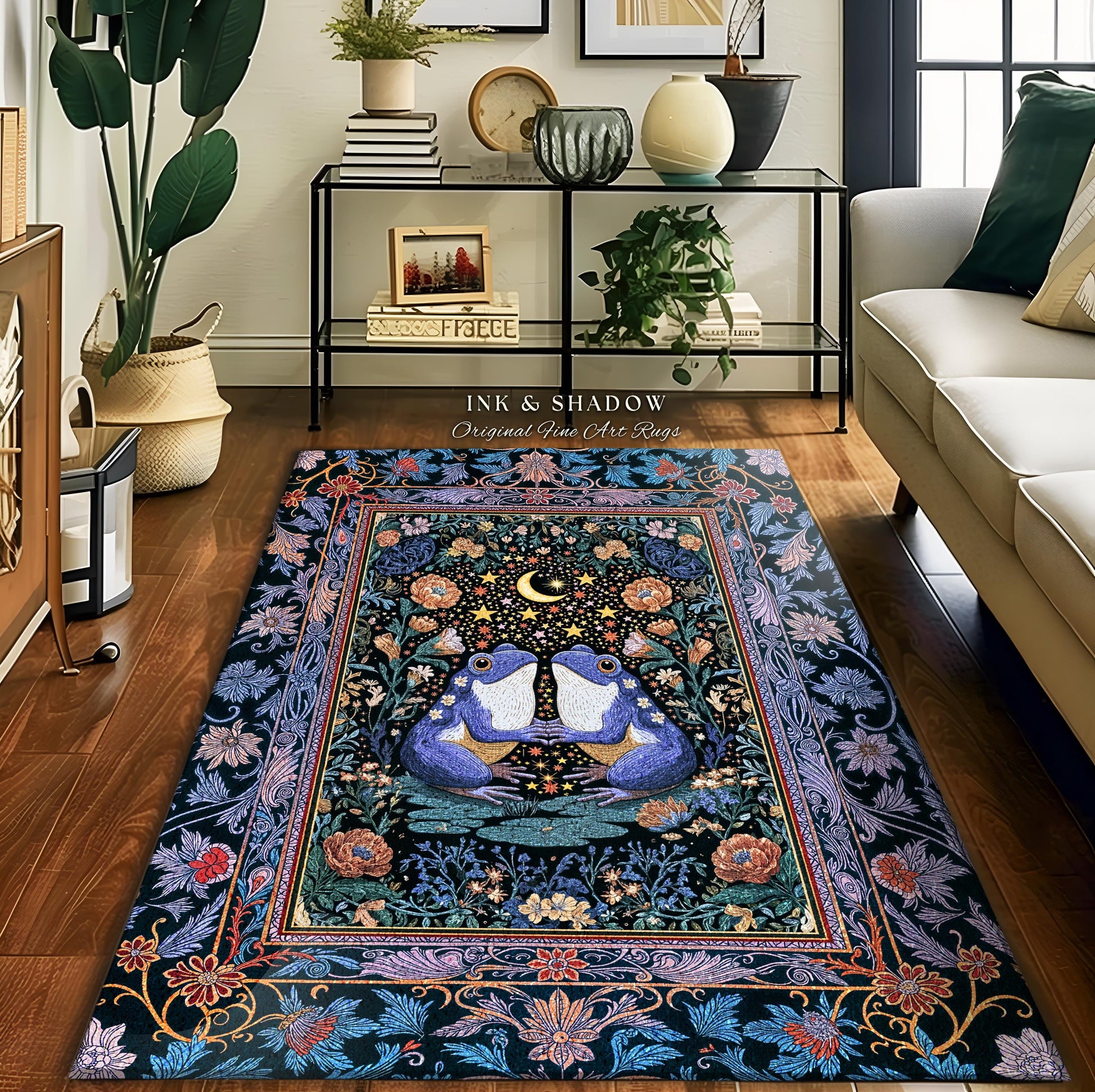 Dark Botanical Whimsy Area Rug | Celestial Garden Frog Lovers Home Accent Rug Enchanted Bedroom Mystic Aesthetic Cottagecore Dreamy Decor |