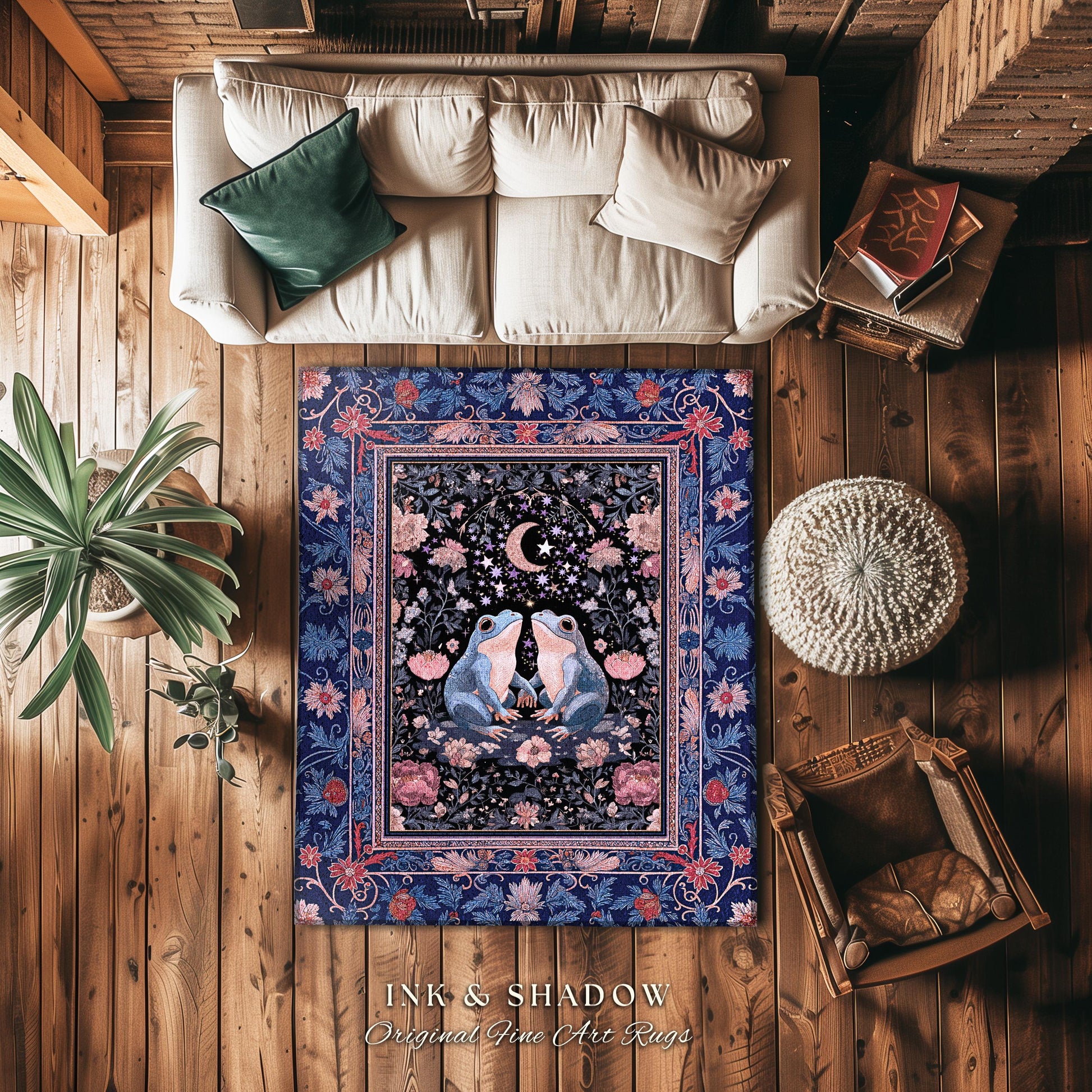 Fairy Aesthetic Frog Couple Accent Rug | Mystic Bedroom Area Fairycore Theme Cottagecore Elegance Enchanted Night Whimsigothic Floral Pastel
