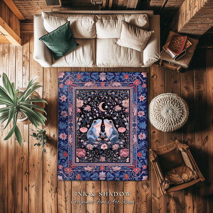 Fairy Aesthetic Frog Couple Accent Rug | Mystic Bedroom Area Fairycore Theme Cottagecore Elegance Enchanted Night Whimsigothic Floral Pastel