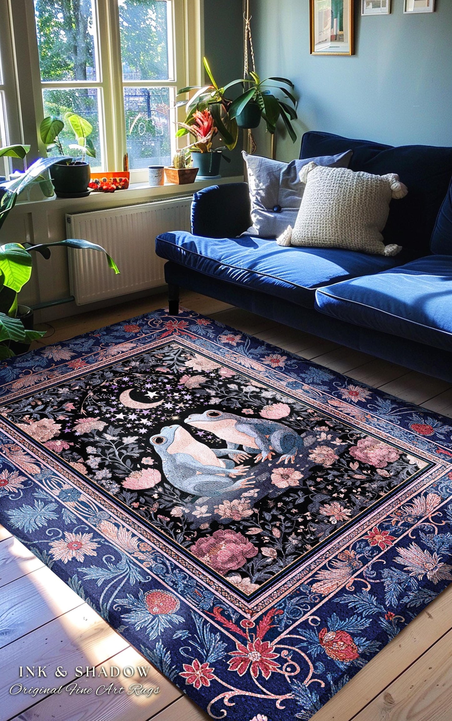 Fairy Aesthetic Frog Couple Accent Rug | Mystic Bedroom Area Fairycore Theme Cottagecore Elegance Enchanted Night Whimsigothic Floral Pastel
