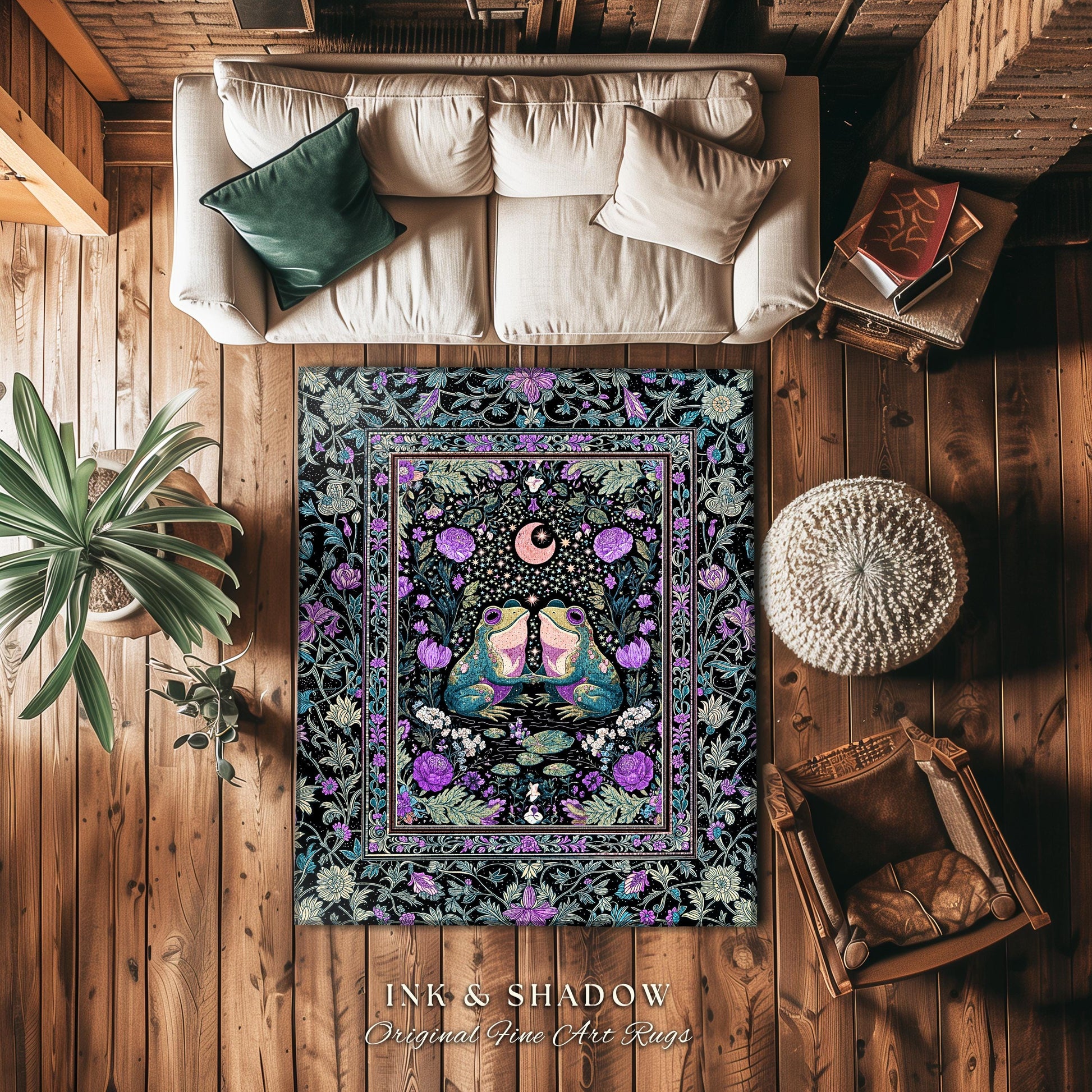 Cute Boho Aesthetic Frog Couple Rug | Whimsical Style Home Accent Rug Enchanted Forestcore Bedroom Cottagecore Decor Fairycore Theme Moody