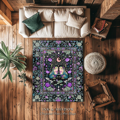 Cute Boho Aesthetic Frog Couple Rug | Whimsical Style Home Accent Rug Enchanted Forestcore Bedroom Cottagecore Decor Fairycore Theme Moody