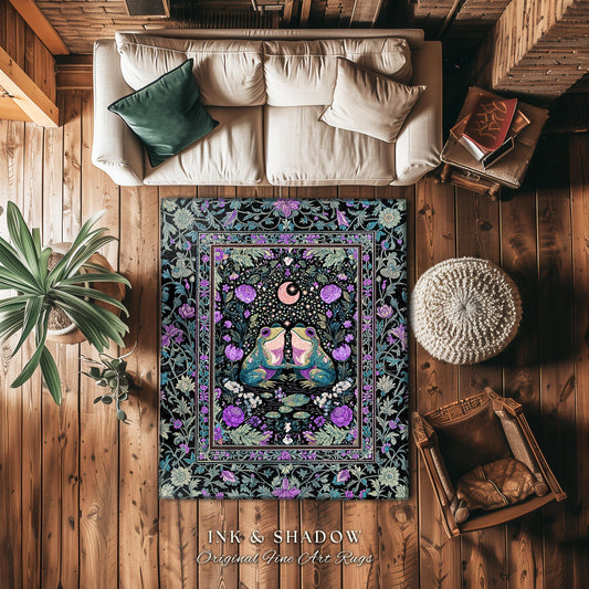 Cute Boho Aesthetic Frog Couple Rug | Whimsical Style Home Accent Rug Enchanted Forestcore Bedroom Cottagecore Decor Fairycore Theme Moody