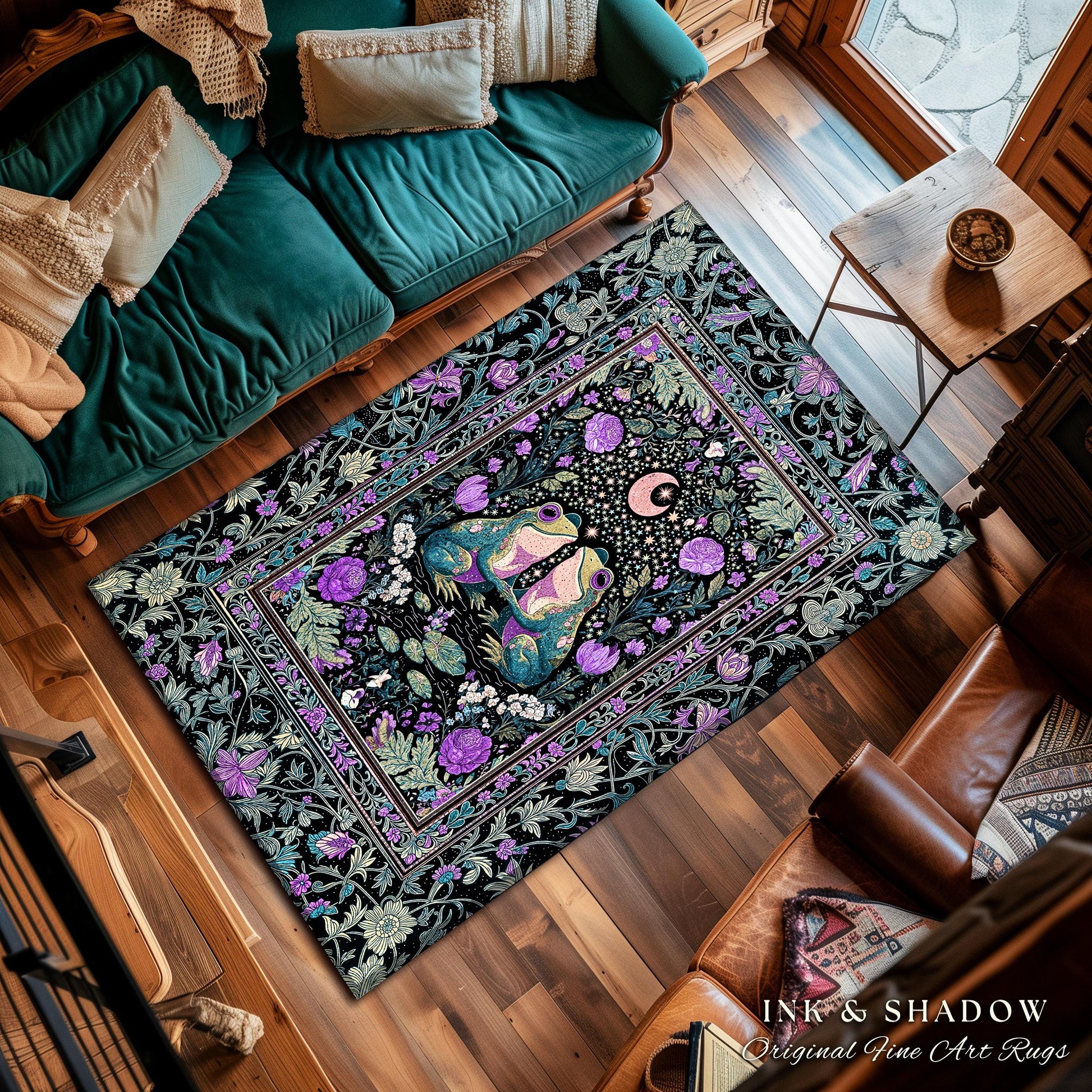 Cute Boho Aesthetic Frog Couple Rug | Whimsical Style Home Accent Rug Enchanted Forestcore Bedroom Cottagecore Decor Fairycore Theme Moody