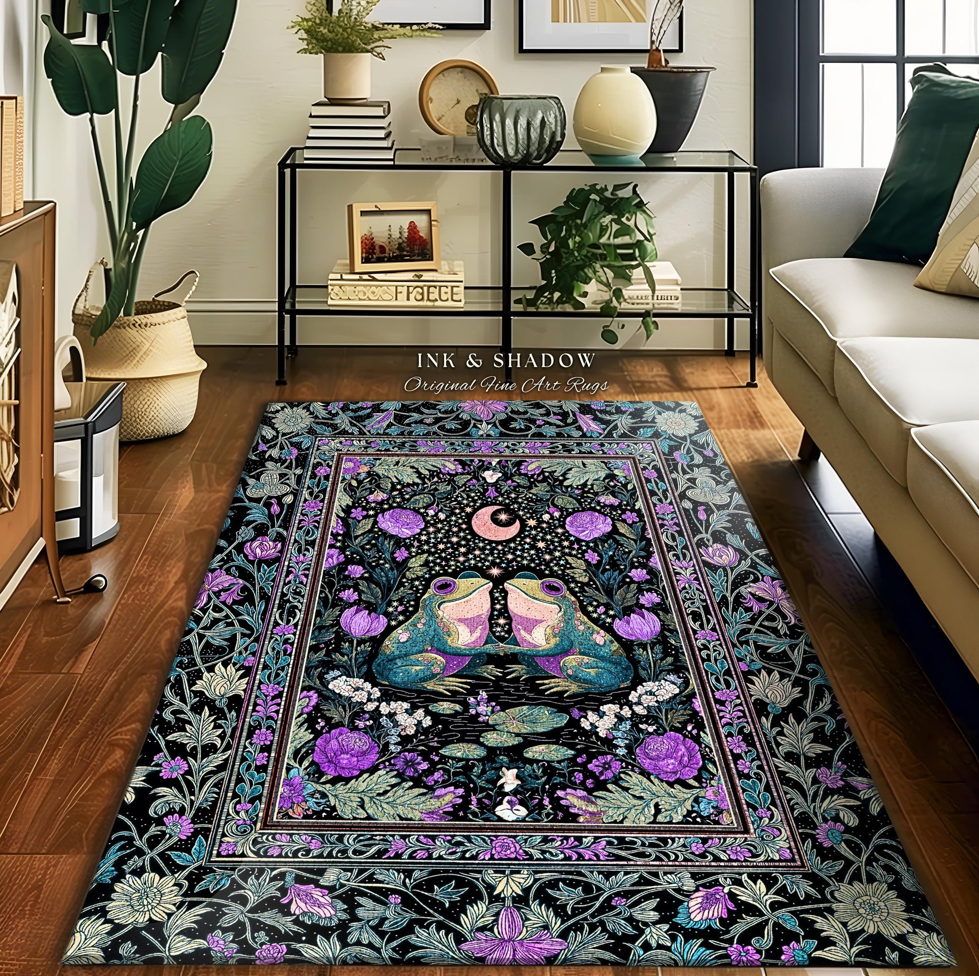 Cute Boho Aesthetic Frog Couple Rug | Whimsical Style Home Accent Rug Enchanted Forestcore Bedroom Cottagecore Decor Fairycore Theme Moody
