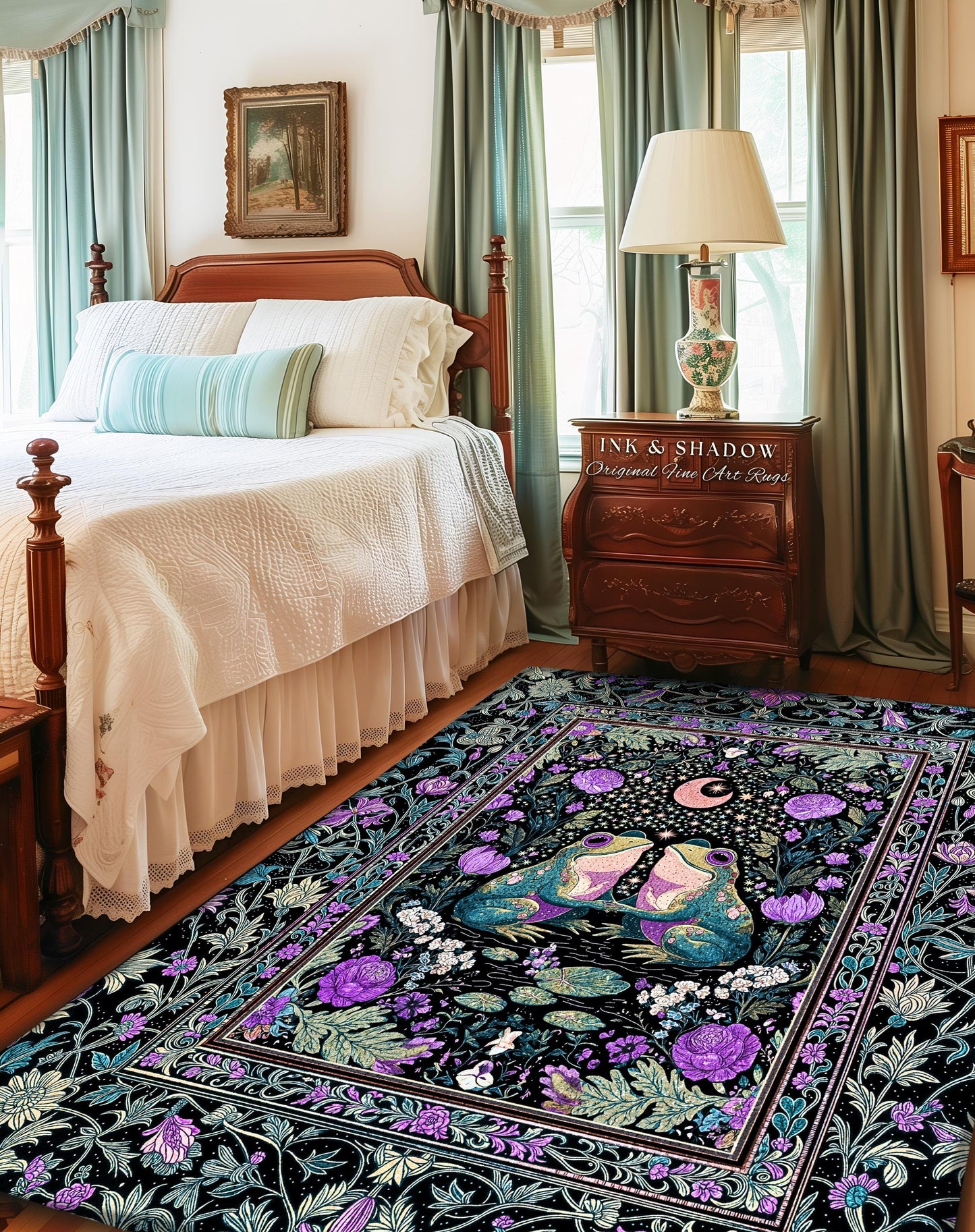 Cute Boho Aesthetic Frog Couple Rug | Whimsical Style Home Accent Rug Enchanted Forestcore Bedroom Cottagecore Decor Fairycore Theme Moody
