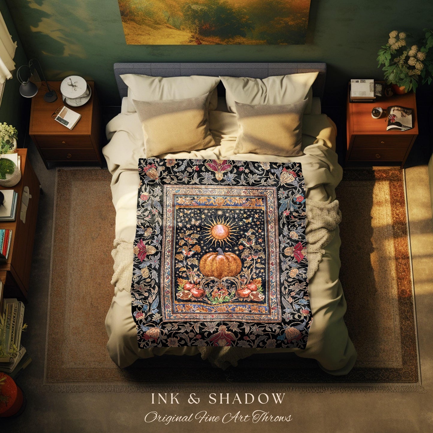Baroque Elegance Fall Pumpkin Blanket | Aesthetic Fall Throw Spooky Season Gothiccore Witchy Cozy Autumn Blanket Rustic Fall Tapestry Woven