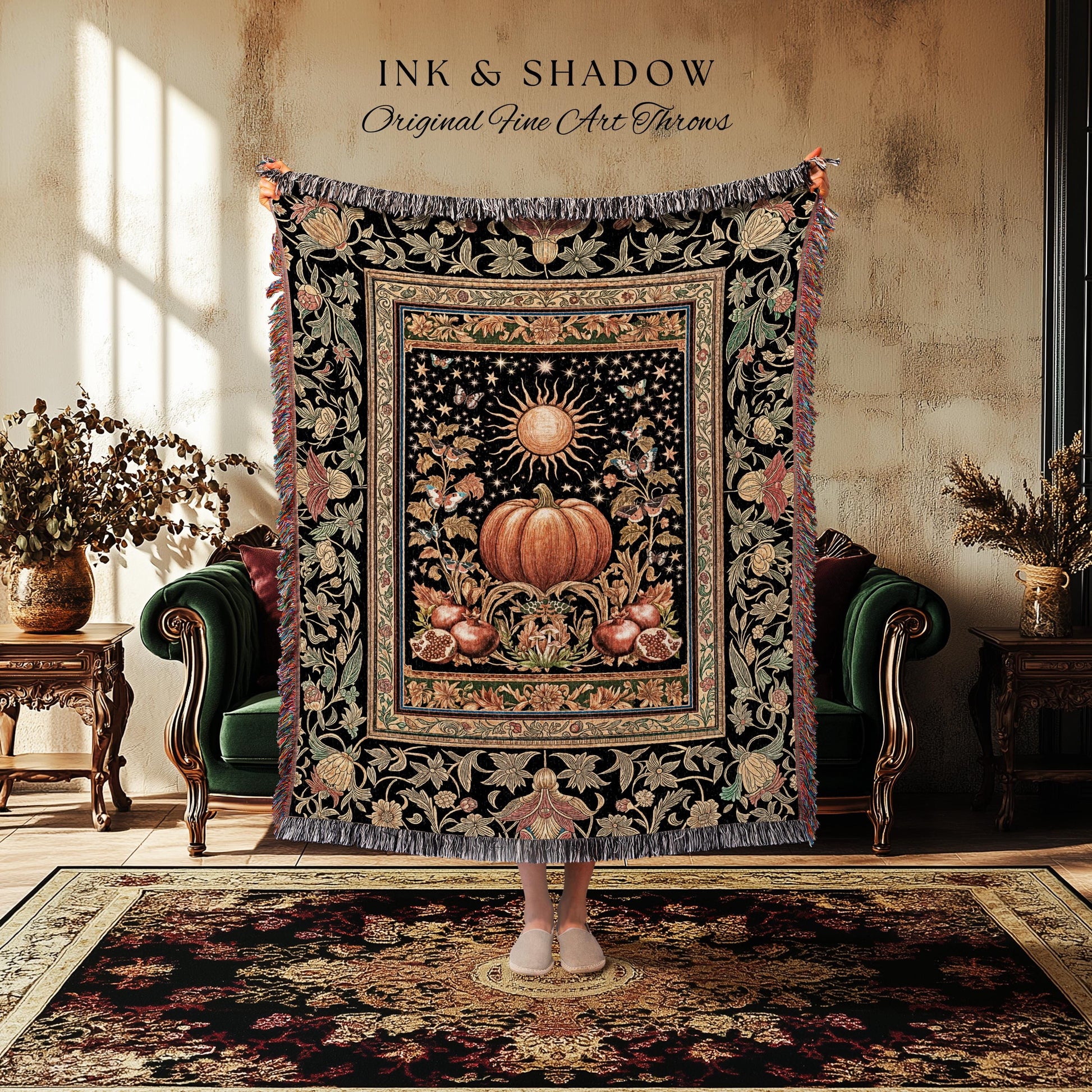 Rustic Harvest Aesthetic Pumpkin Blanket | Autumn Folklore Woven Throw Cozy Autumn Blanket Rustic Fall Room Vintage Tapestry Whimsical Decor