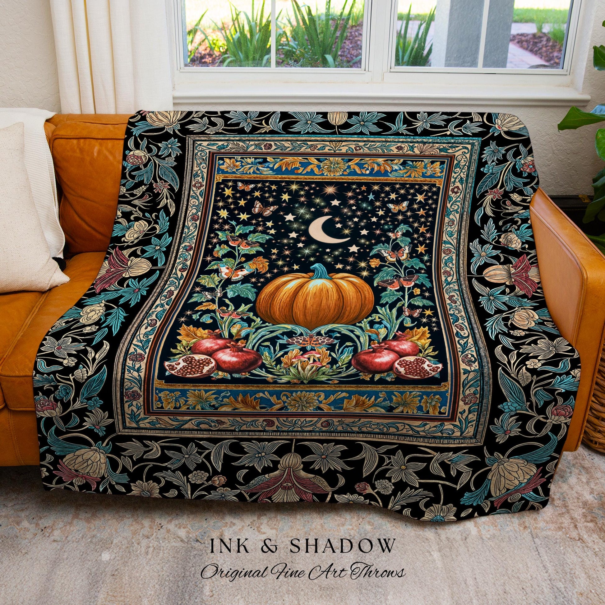 Moon Celestial Magic Woven Tapestry | Mystical Pumpkin Pomegranate Blanket Gothic Throw Autumnal Decor Witchy Accent Enchanting Aesthetic