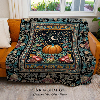 Moon Celestial Magic Woven Tapestry | Mystical Pumpkin Pomegranate Blanket Gothic Throw Autumnal Decor Witchy Accent Enchanting Aesthetic