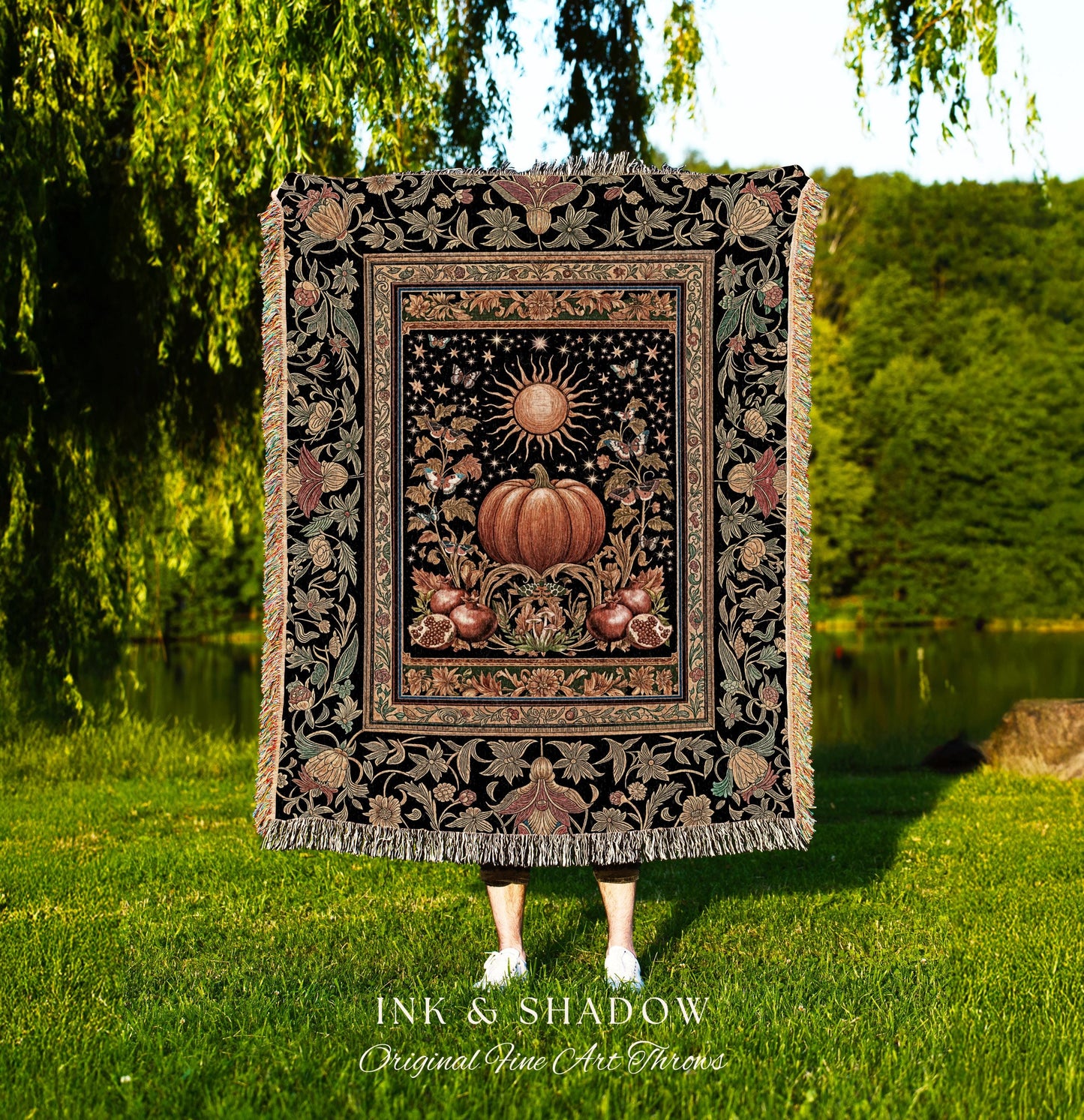 Rustic Harvest Aesthetic Pumpkin Blanket | Autumn Folklore Woven Throw Cozy Autumn Blanket Rustic Fall Room Vintage Tapestry Whimsical Decor