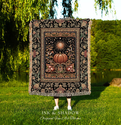 Rustic Harvest Aesthetic Pumpkin Blanket | Autumn Folklore Woven Throw Cozy Autumn Blanket Rustic Fall Room Vintage Tapestry Whimsical Decor
