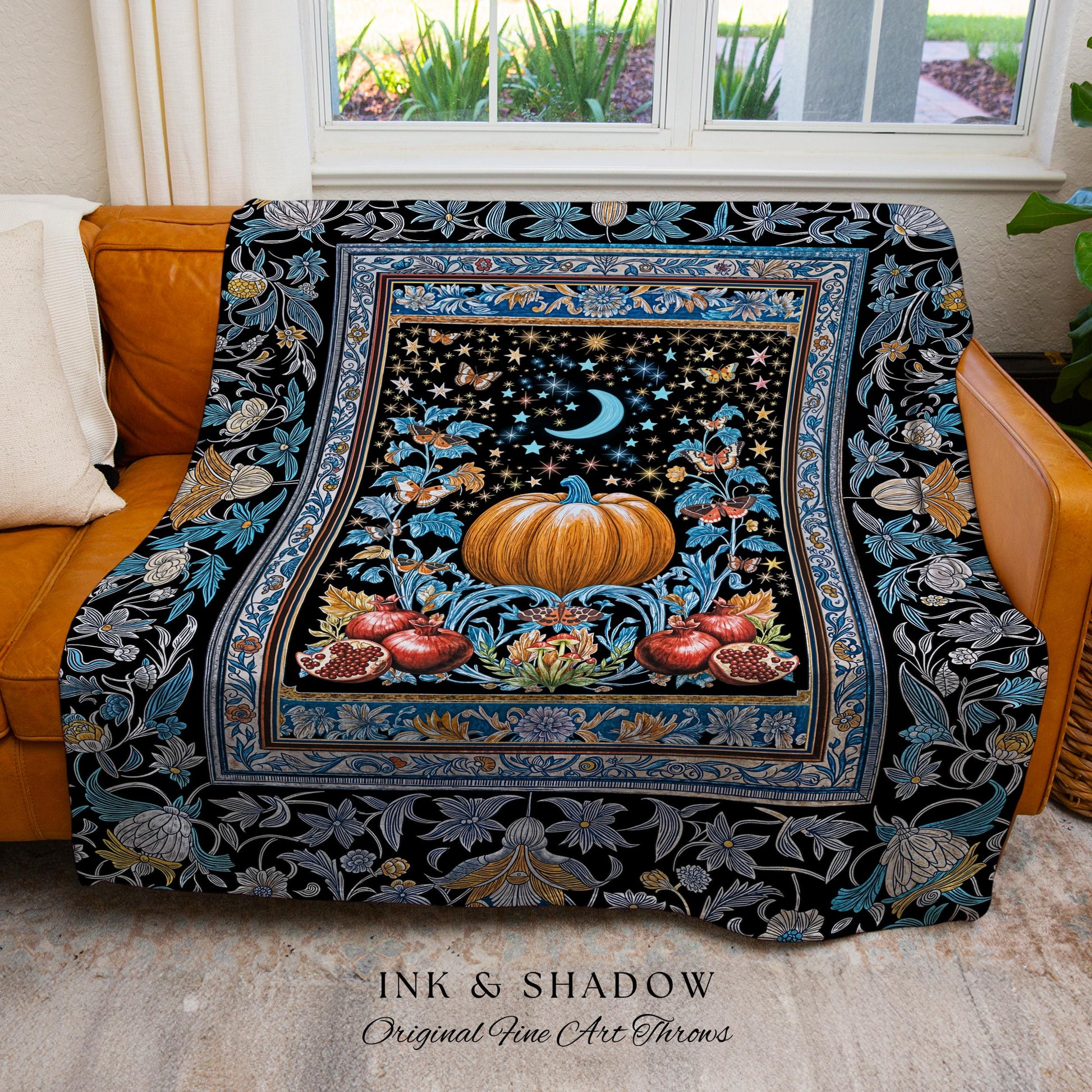 Blue Moon Pomegranate Pumpkin Blanket | Cozy Gothic Autumn Tapestry Spooky Throw Mystical Accent Cozy Night Sky Decor Witchy Boho Harvest |