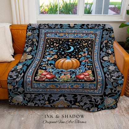Blue Moon Pomegranate Pumpkin Blanket | Cozy Gothic Autumn Tapestry Spooky Throw Mystical Accent Cozy Night Sky Decor Witchy Boho Harvest |