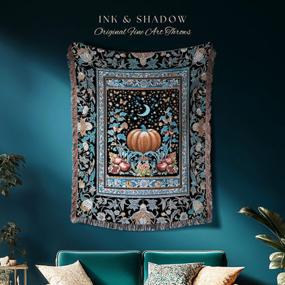 Blue Moon Pomegranate Pumpkin Blanket | Cozy Gothic Autumn Tapestry Spooky Throw Mystical Accent Cozy Night Sky Decor Witchy Boho Harvest |