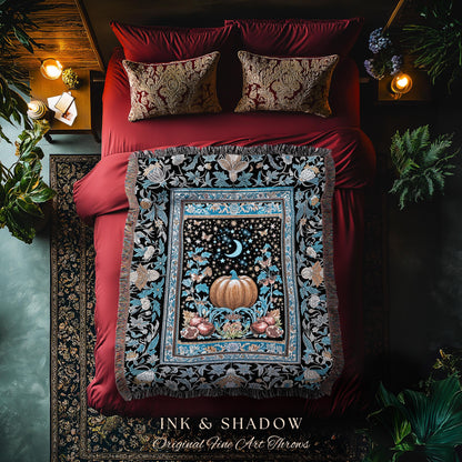 Blue Moon Pomegranate Pumpkin Blanket | Cozy Gothic Autumn Tapestry Spooky Throw Mystical Accent Cozy Night Sky Decor Witchy Boho Harvest |