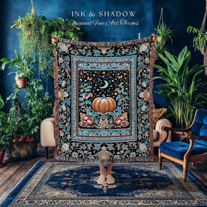 Blue Moon Pomegranate Pumpkin Blanket | Cozy Gothic Autumn Tapestry Spooky Throw Mystical Accent Cozy Night Sky Decor Witchy Boho Harvest |
