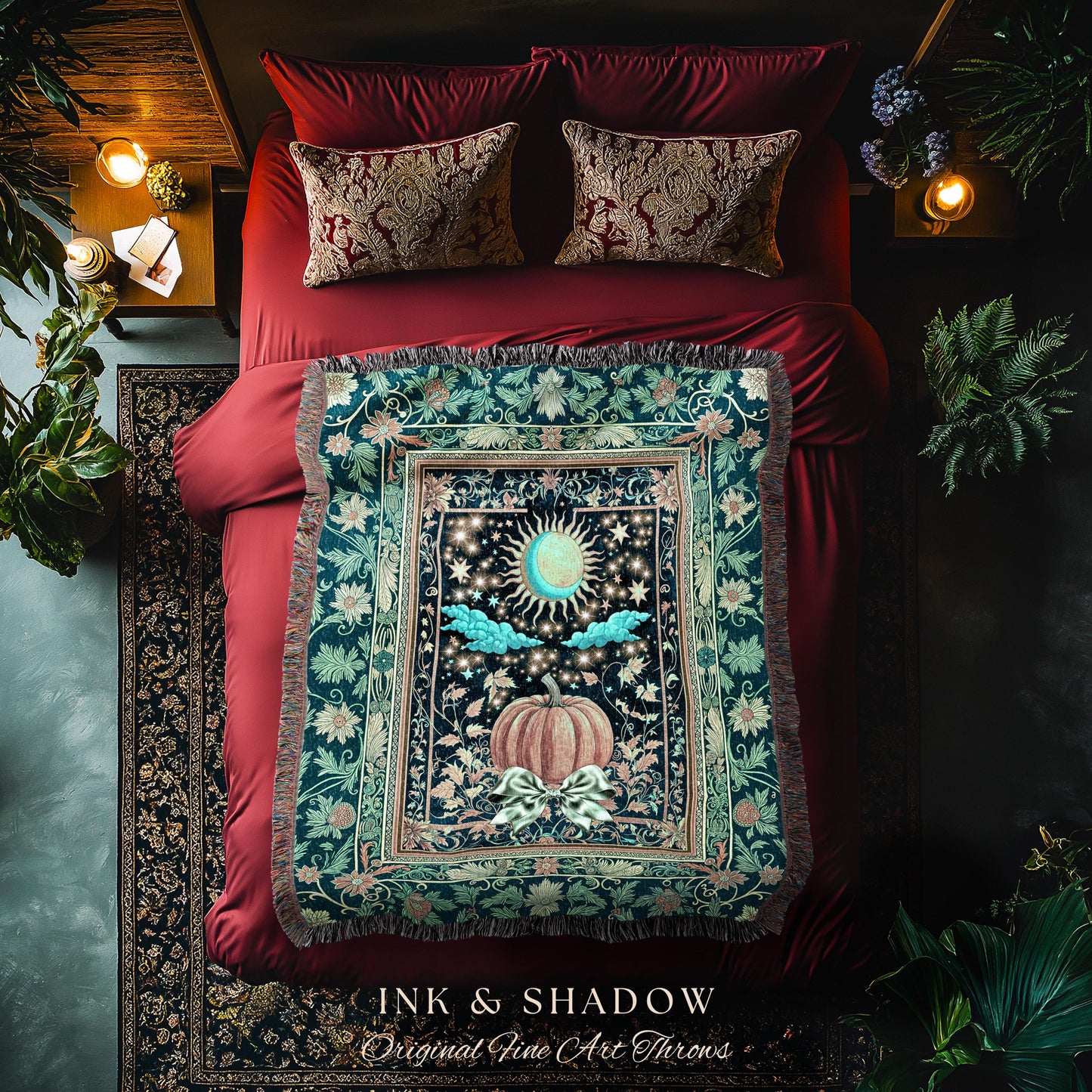 Tarot Aesthetic Moody Pumpkin Blanket | Mystical Autumn Decor Whimsical Accent Cozy Throw Gothic Vibe Woven Tapestry Spiritual Enchanting