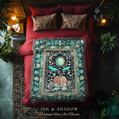 Tarot Aesthetic Moody Pumpkin Blanket | Mystical Autumn Decor Whimsical Accent Cozy Throw Gothic Vibe Woven Tapestry Spiritual Enchanting