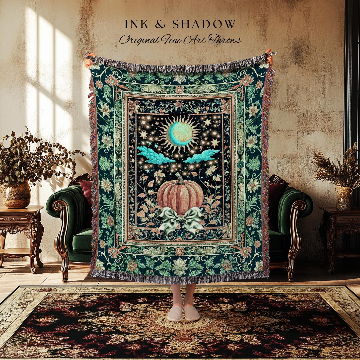Tarot Aesthetic Moody Pumpkin Blanket | Mystical Autumn Decor Whimsical Accent Cozy Throw Gothic Vibe Woven Tapestry Spiritual Enchanting