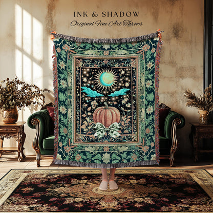 Tarot Aesthetic Moody Pumpkin Blanket | Mystical Autumn Decor Whimsical Accent Cozy Throw Gothic Vibe Woven Tapestry Spiritual Enchanting