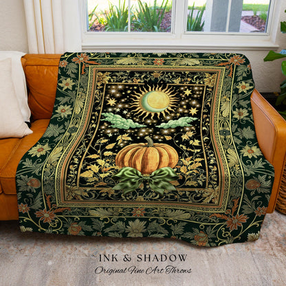 Sun and Moon Autumn Harvest Blanket | Gothic Autumn Decor Cozy Throw Mystical Aesthetic Woven Tapestry Accent Witchy Bedroom Whimsigothic |
