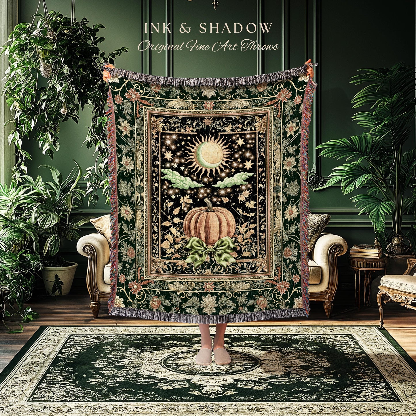 Sun and Moon Autumn Harvest Blanket | Gothic Autumn Decor Cozy Throw Mystical Aesthetic Woven Tapestry Accent Witchy Bedroom Whimsigothic |