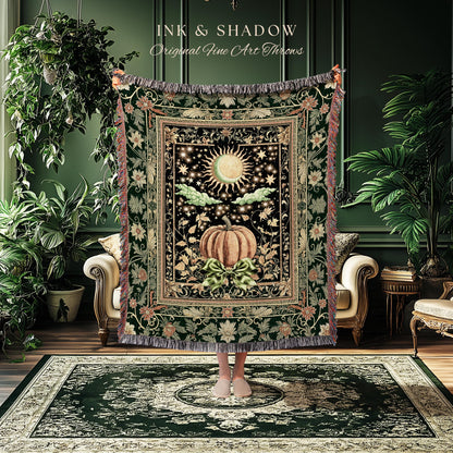 Sun and Moon Autumn Harvest Blanket | Gothic Autumn Decor Cozy Throw Mystical Aesthetic Woven Tapestry Accent Witchy Bedroom Whimsigothic |