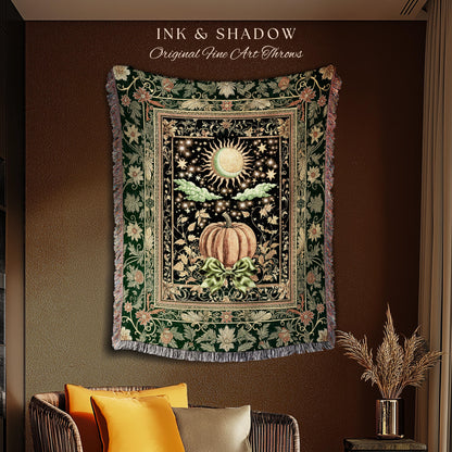 Sun and Moon Autumn Harvest Blanket | Gothic Autumn Decor Cozy Throw Mystical Aesthetic Woven Tapestry Accent Witchy Bedroom Whimsigothic |