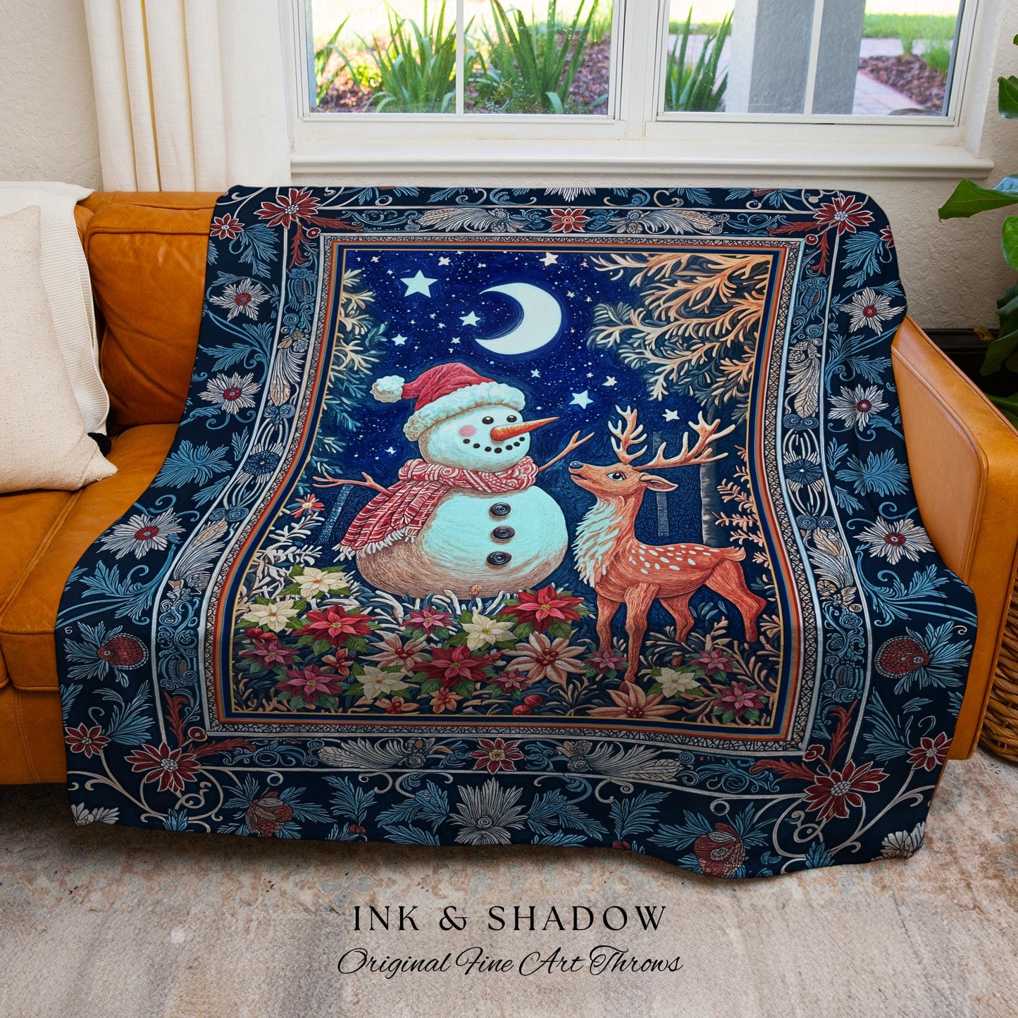 Nostalgic Snowman Winter Woven Blanket | Cozy Ethereal Decor Holiday Tapestry Xmas Throw Nordic Folk Art Moon Stars Rustic Christmas Gift |