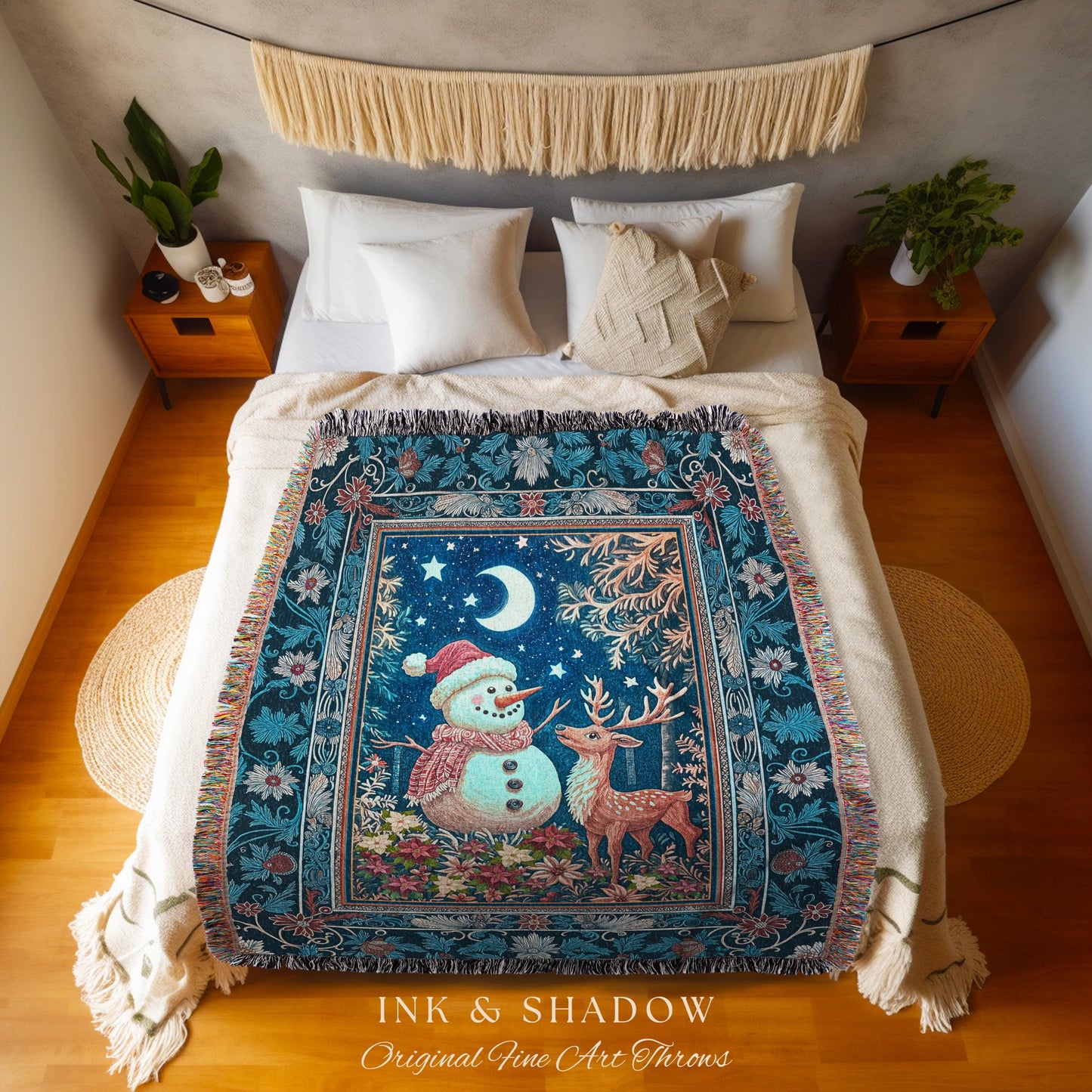 Nostalgic Snowman Winter Woven Blanket | Cozy Ethereal Decor Holiday Tapestry Xmas Throw Nordic Folk Art Moon Stars Rustic Christmas Gift |