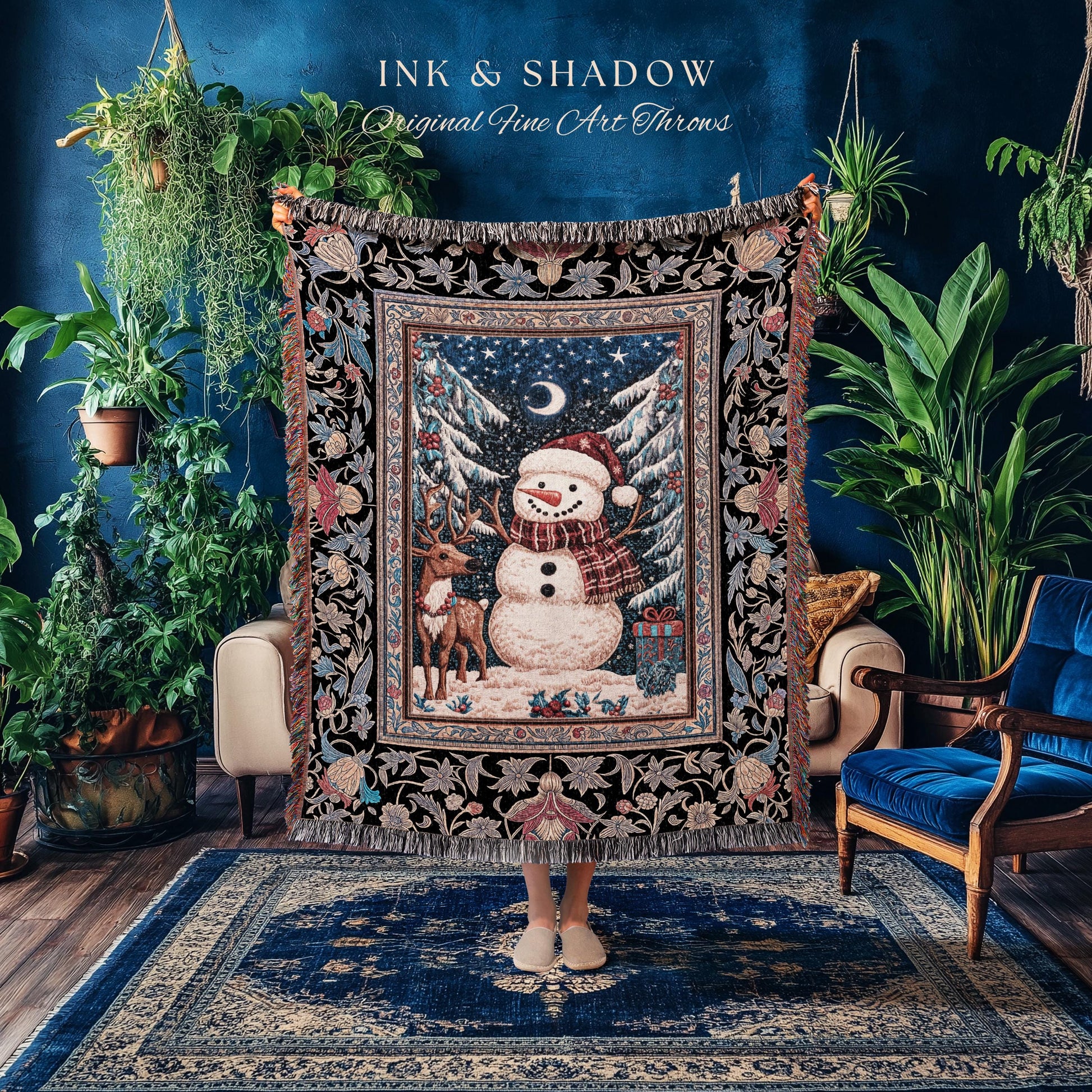 Rustic Snowman Winter Throw | Festive Tapestry Nostalgic Xmas Gift Cozy Cabin Snowflake Throw Vintage Reindeer Decor Warm Cozy Coverlet Cute