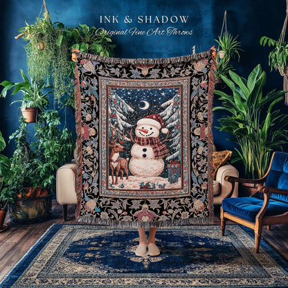 Rustic Snowman Winter Throw | Festive Tapestry Nostalgic Xmas Gift Cozy Cabin Snowflake Throw Vintage Reindeer Decor Warm Cozy Coverlet Cute