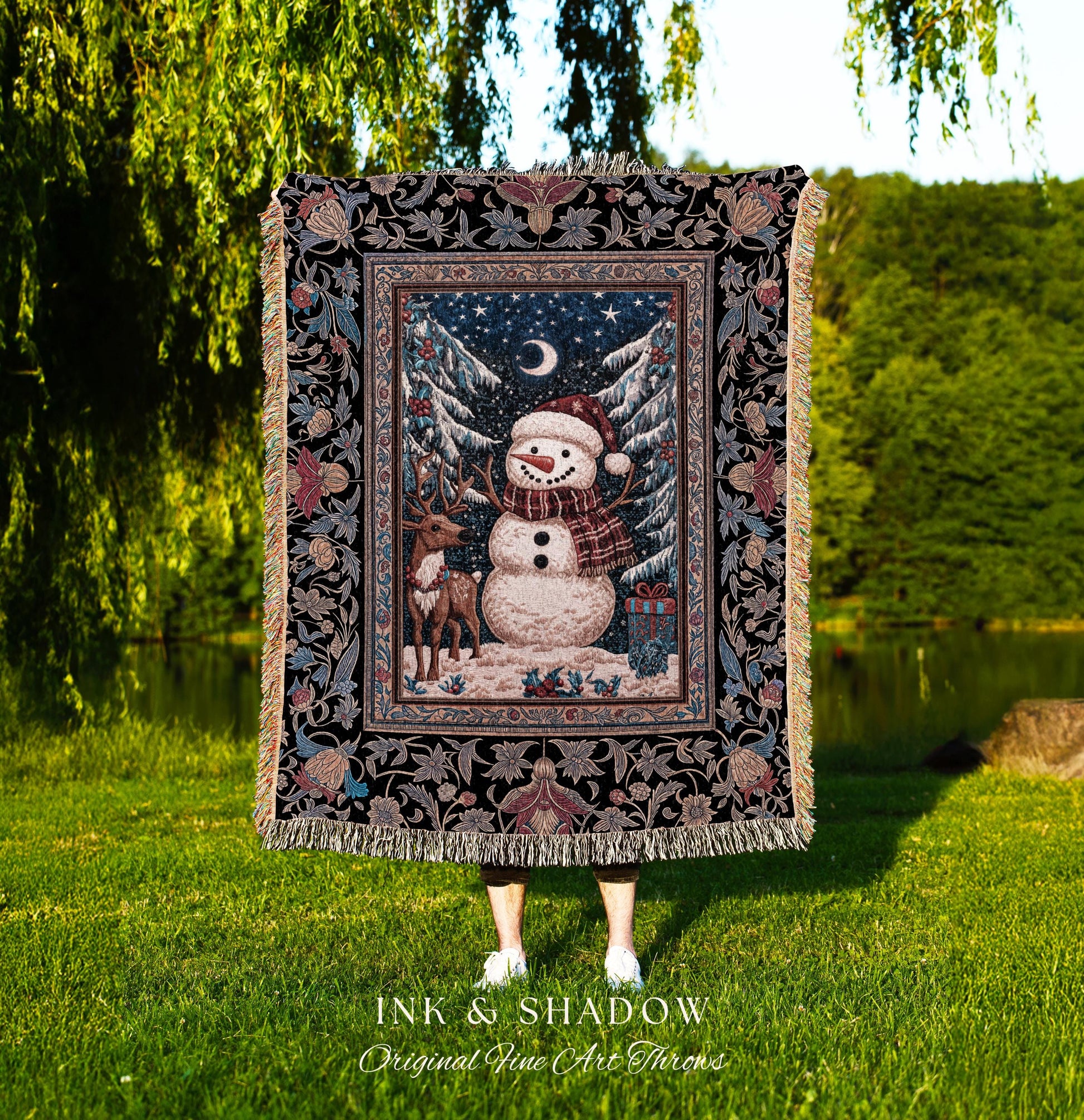 Rustic Snowman Winter Throw | Festive Tapestry Nostalgic Xmas Gift Cozy Cabin Snowflake Throw Vintage Reindeer Decor Warm Cozy Coverlet Cute