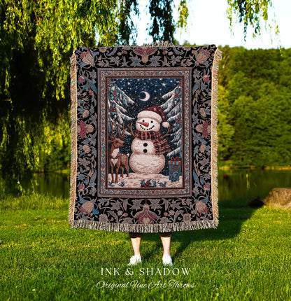 Rustic Snowman Winter Throw | Festive Tapestry Nostalgic Xmas Gift Cozy Cabin Snowflake Throw Vintage Reindeer Decor Warm Cozy Coverlet Cute
