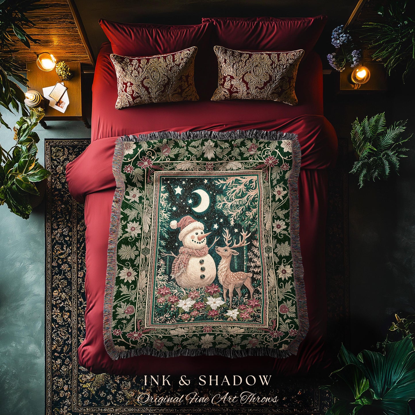 Starlit Snowman Retro Xmas Blanket | Cozy Festive Decor Holiday Tapestry Warm Winter Nostalgic Reindeer Coverlet Nordic Style Reindeer Art |