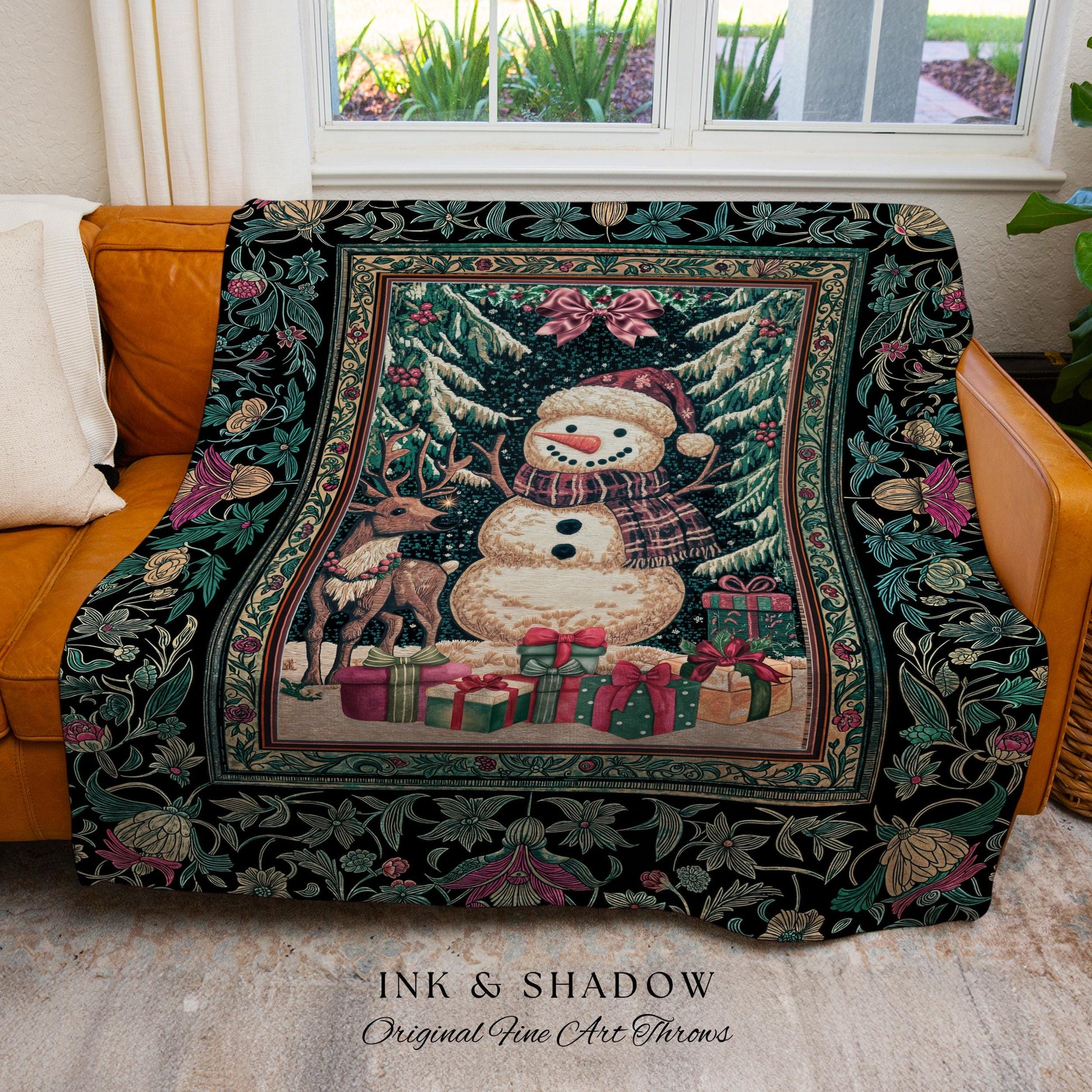 Scandi Snowman Xmas Throw Blanket | Cozy Festive Decor Holiday Tapestry Warm Winter Nostalgic Reindeer Coverlet Nordic Style Christmas Gift