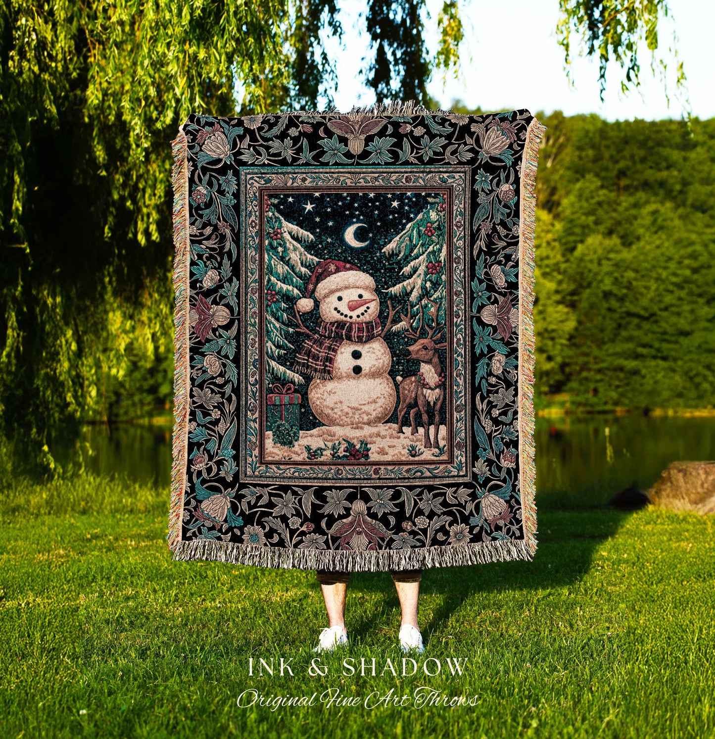 Frosty Folk Art Woven Snowman Blanket | Cozy Winter Throw Christmas Cabin Xmas Wall Tapestry Reindeer Folk Art Nostalgic Holiday Throw |