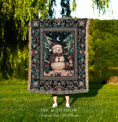 Frosty Folk Art Woven Snowman Blanket | Cozy Winter Throw Christmas Cabin Xmas Wall Tapestry Reindeer Folk Art Nostalgic Holiday Throw |