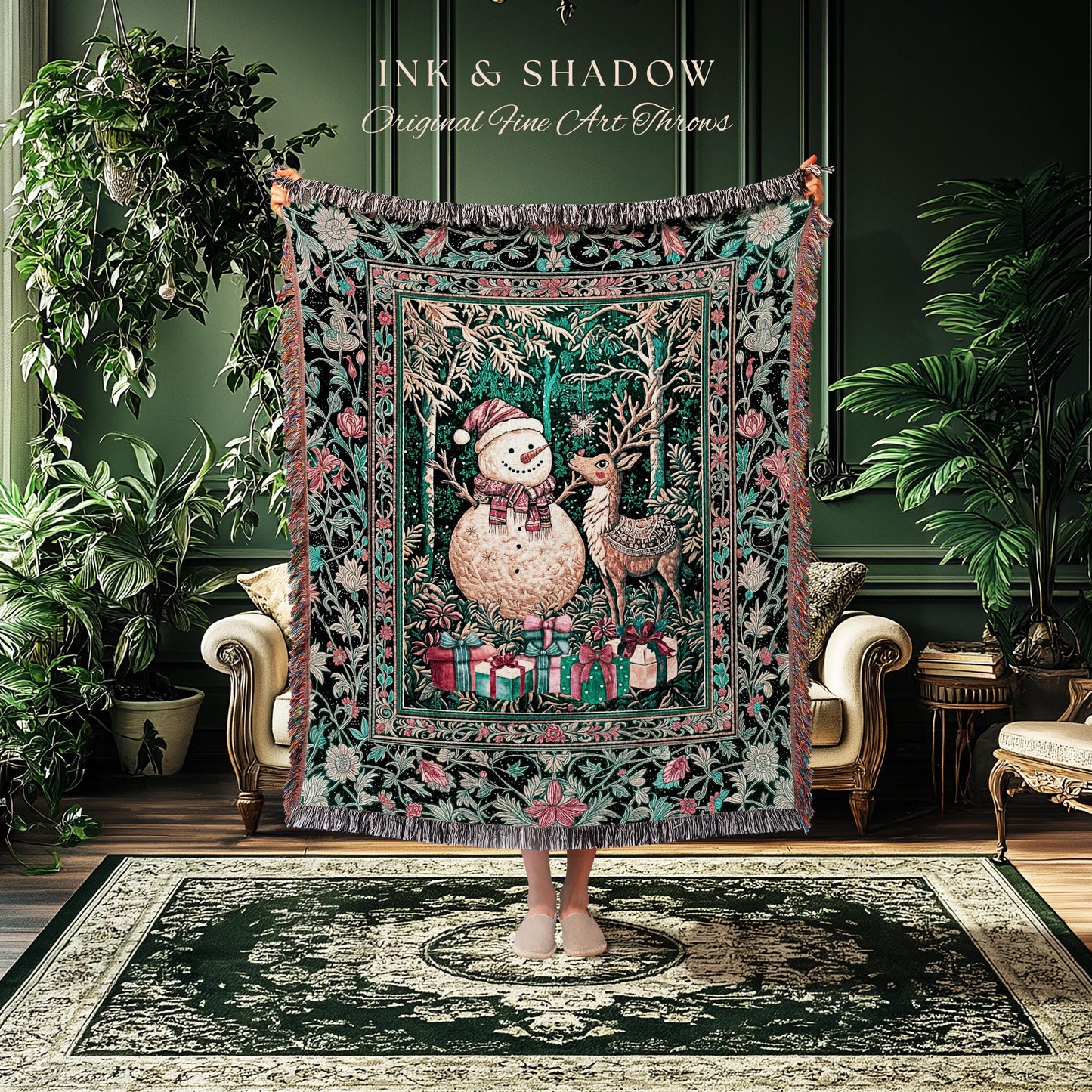 Retro Holiday Cozy Coverlet Woven | Nostalgic Wall Tapestry Reindeer Cute Decor Festive Throw Snowman Throw Xmas Style Winter Wonderland |