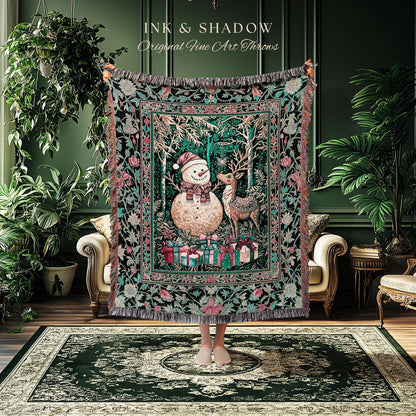 Retro Holiday Cozy Coverlet Woven | Nostalgic Wall Tapestry Reindeer Cute Decor Festive Throw Snowman Throw Xmas Style Winter Wonderland |