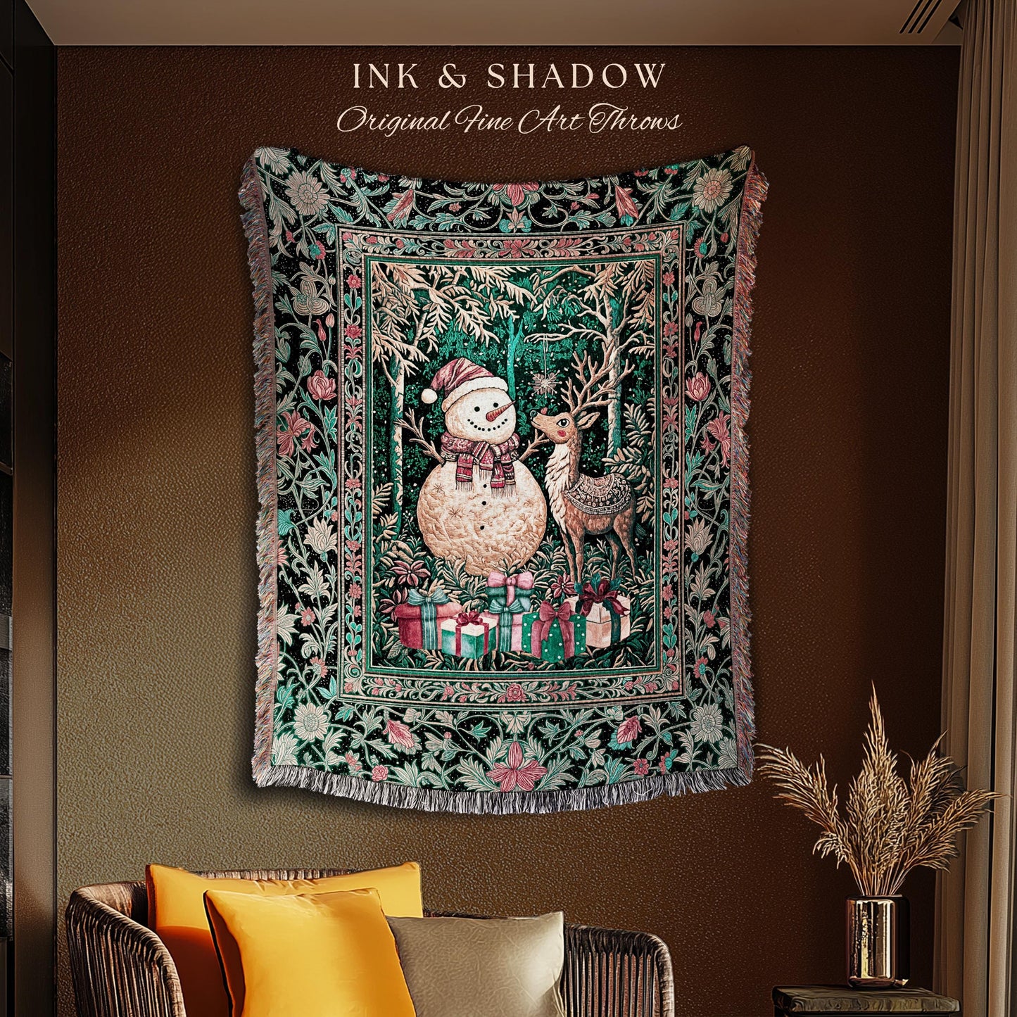 Retro Holiday Cozy Coverlet Woven | Nostalgic Wall Tapestry Reindeer Cute Decor Festive Throw Snowman Throw Xmas Style Winter Wonderland |