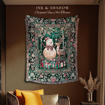 Retro Holiday Cozy Coverlet Woven | Nostalgic Wall Tapestry Reindeer Cute Decor Festive Throw Snowman Throw Xmas Style Winter Wonderland |