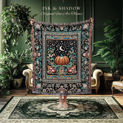 Moon Celestial Magic Woven Tapestry | Mystical Pumpkin Pomegranate Blanket Gothic Throw Autumnal Decor Witchy Accent Enchanting Aesthetic
