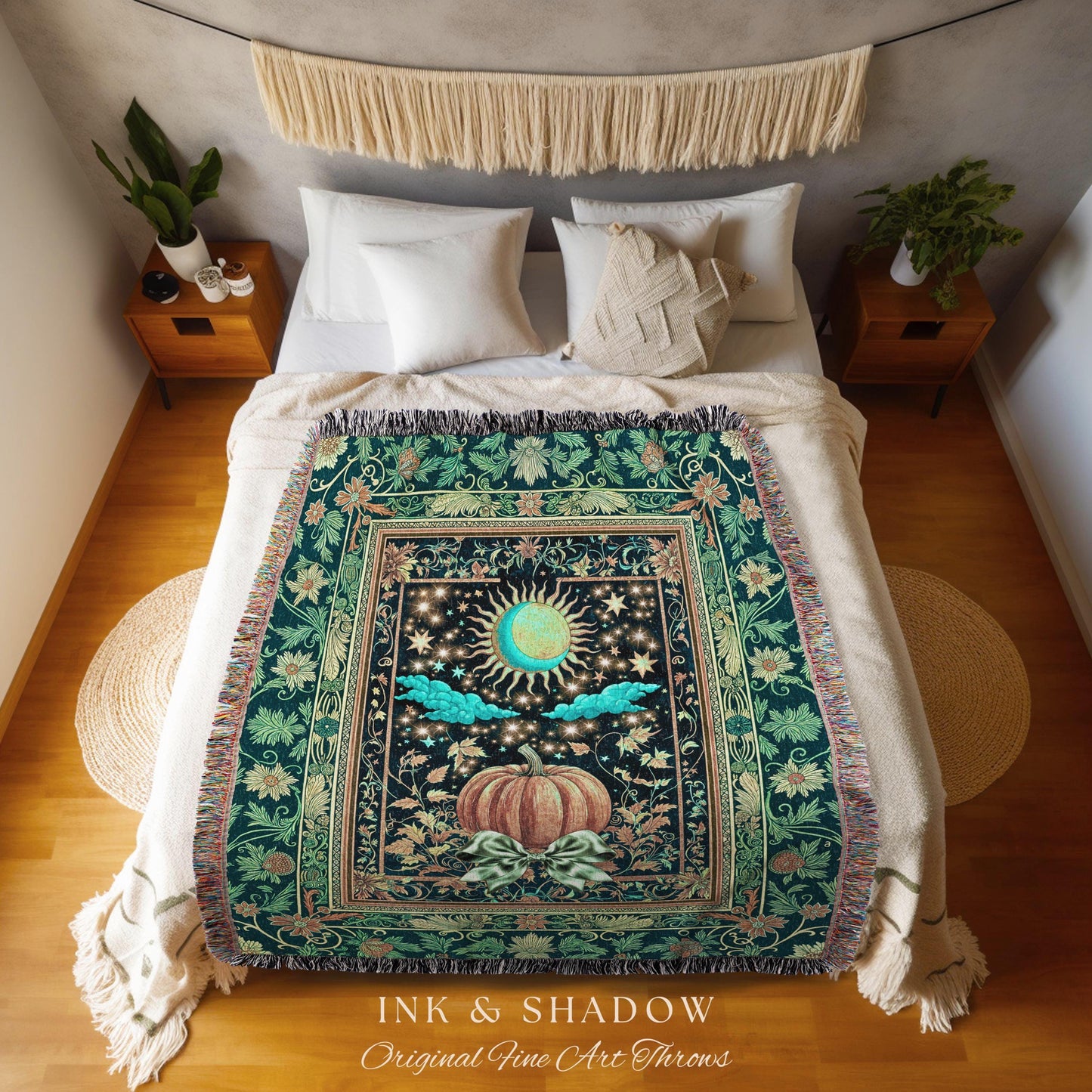 Tarot Aesthetic Moody Pumpkin Blanket | Mystical Autumn Decor Whimsical Accent Cozy Throw Gothic Vibe Woven Tapestry Spiritual Enchanting
