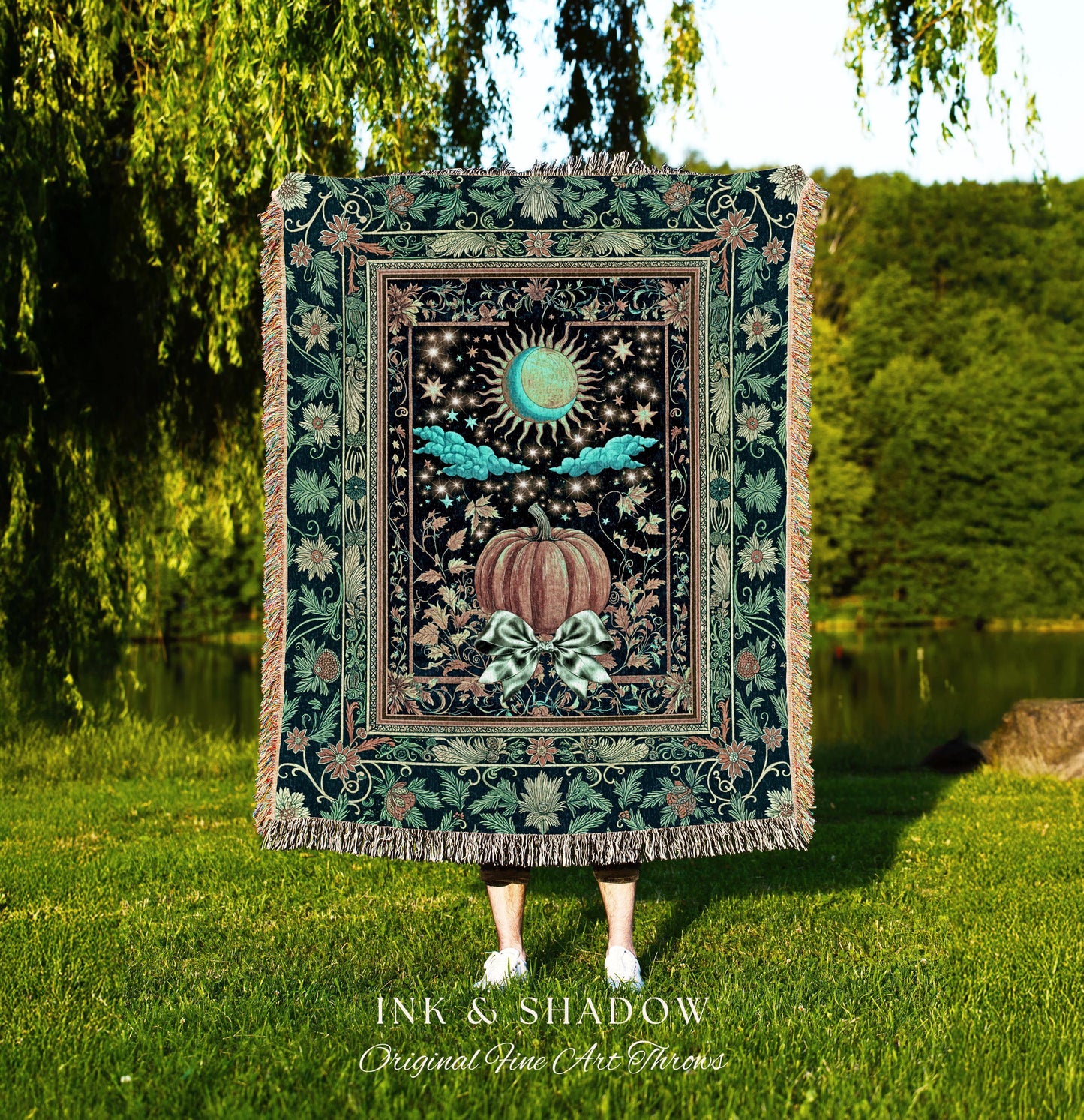 Tarot Aesthetic Moody Pumpkin Blanket | Mystical Autumn Decor Whimsical Accent Cozy Throw Gothic Vibe Woven Tapestry Spiritual Enchanting