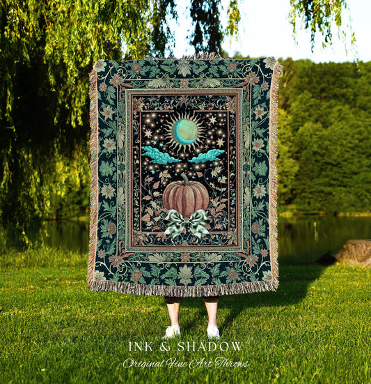 Tarot Aesthetic Moody Pumpkin Blanket | Mystical Autumn Decor Whimsical Accent Cozy Throw Gothic Vibe Woven Tapestry Spiritual Enchanting