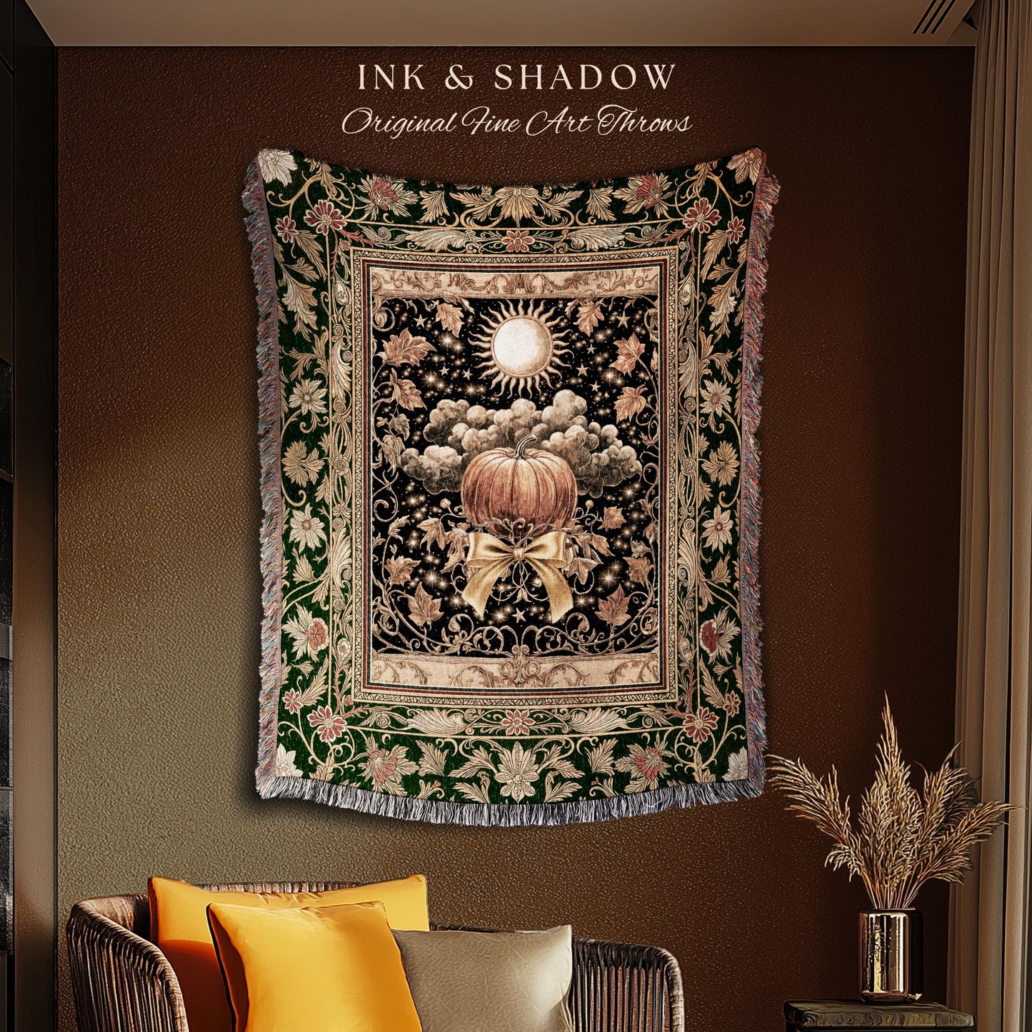Fall Aesthetic Pumpkin Wall Tapestry | Spooky Cozy Woven Throw Blanket Moody Accent Autumn Decor Amber Night Gothic Folklore Elegant Harvest